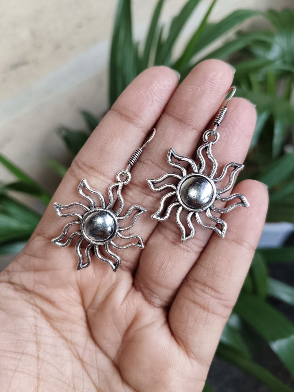 Oxidized Silver Sun Earrings | Bohemian Boho Celestial Dangle Drop Jewelry for Women & Girls