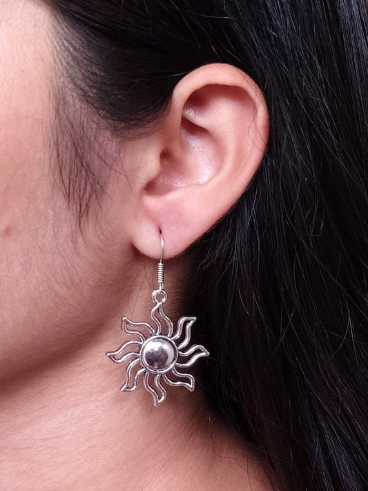 Oxidized Silver Sun Earrings | Bohemian Boho Celestial Dangle Drop Jewelry for Women & Girls