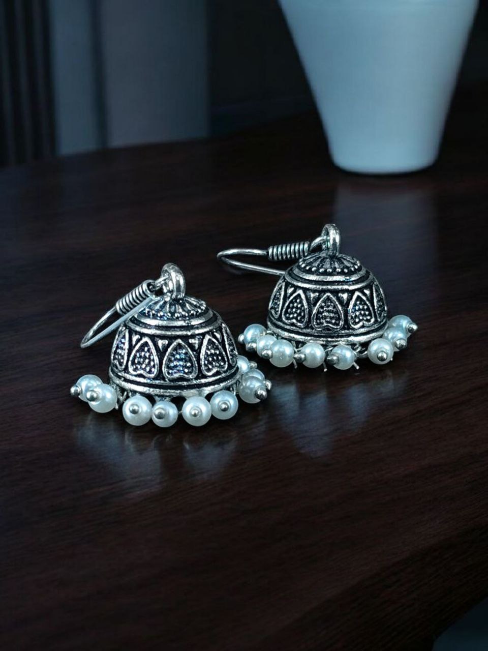Traditional Oxidized Silver Jhumka Earrings with Pearl Drop