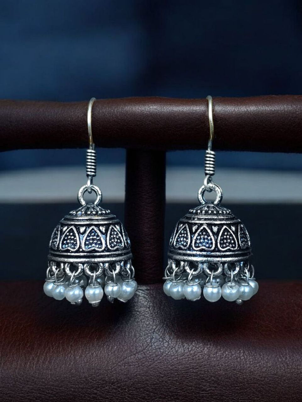Traditional Oxidized Silver Jhumka Earrings with Pearl Drop