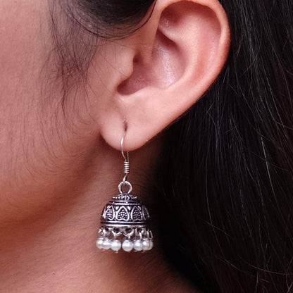 Traditional Oxidized Silver Jhumka Earrings with Pearl Drop