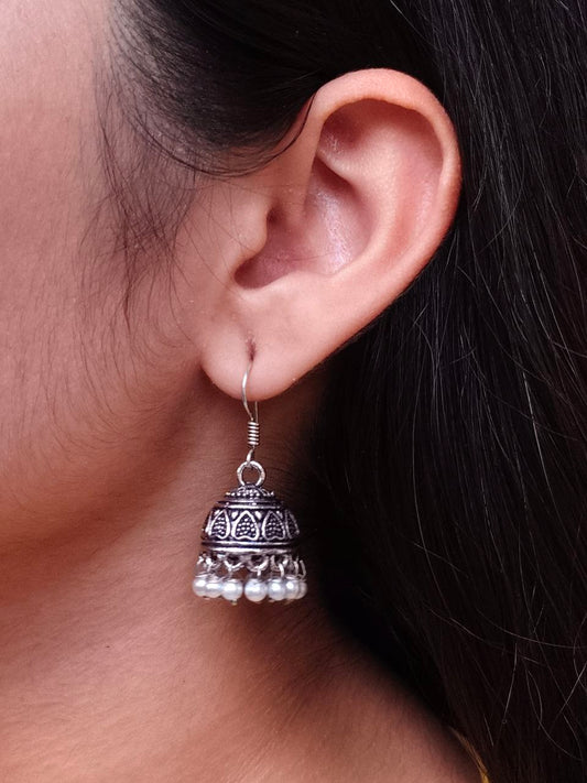 Traditional Oxidized Silver Jhumka Earrings with Pearl Drop