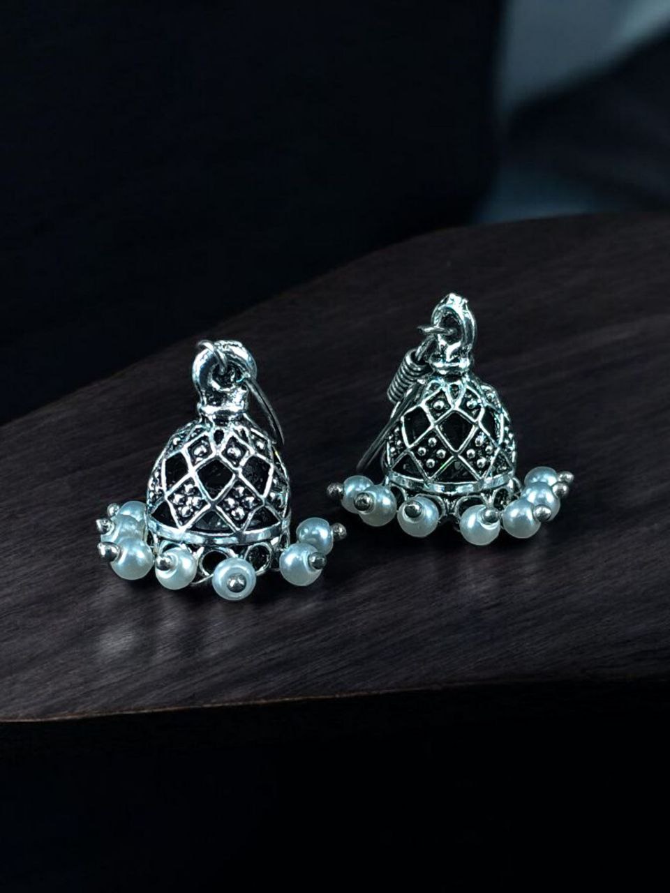 Classic Pearl Drop Jhumki Earrings | Antique Silver Finish Indian Ethnic Jewellry for Women