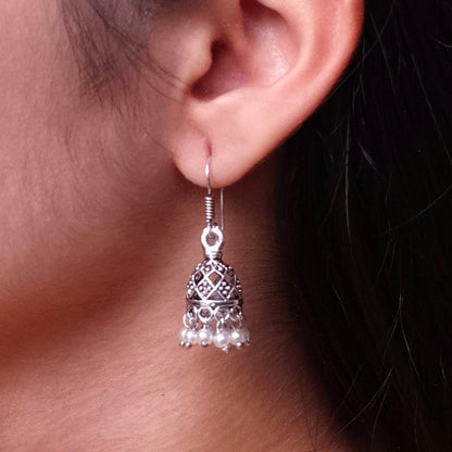 Classic Pearl Drop Jhumki Earrings | Antique Silver Finish Indian Ethnic Jewellry for Women