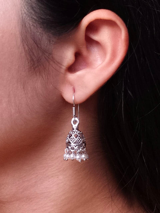 Classic Pearl Drop Jhumki Earrings | Antique Silver Finish Indian Ethnic Jewellry for Women
