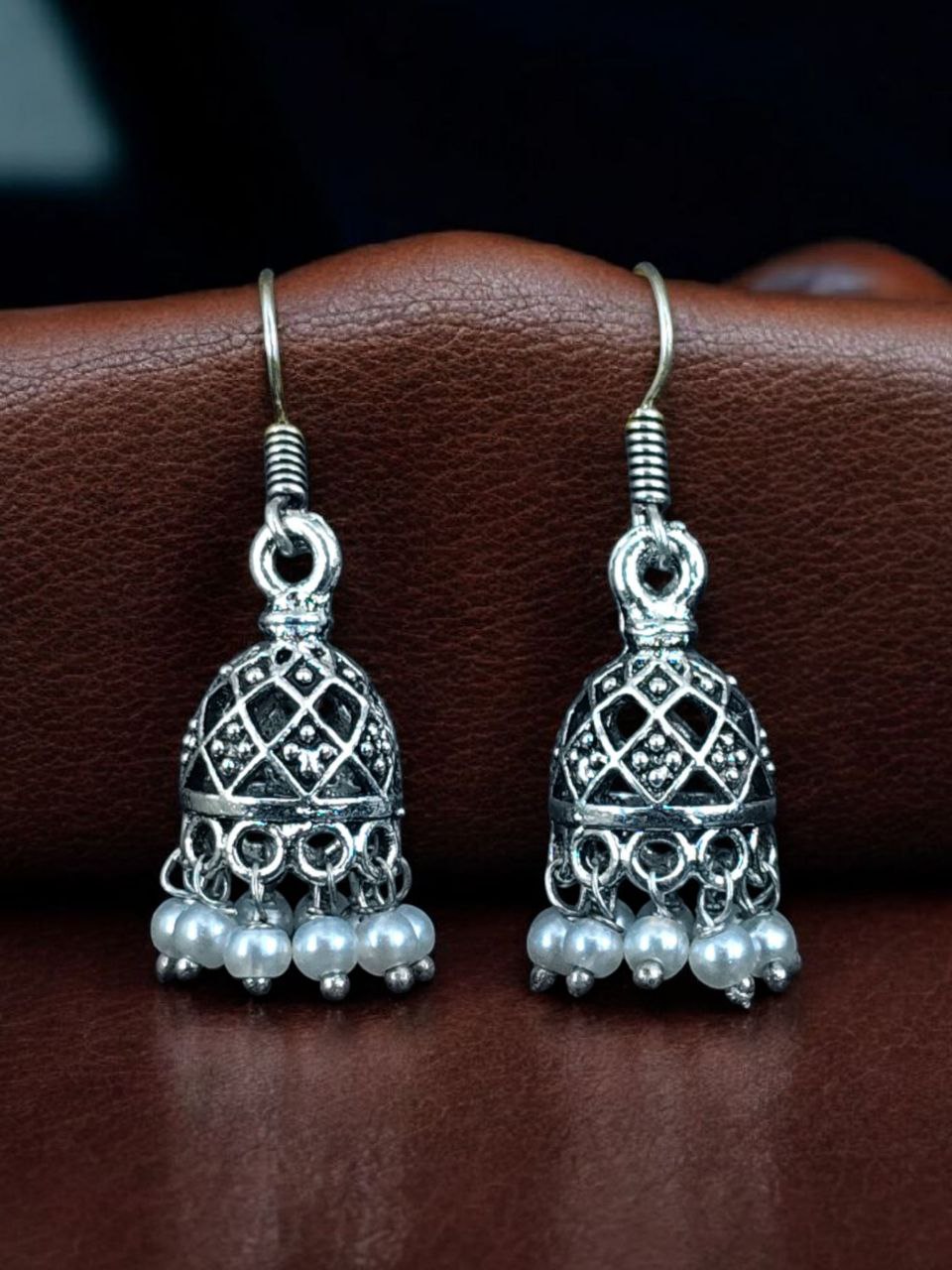 Classic Pearl Drop Jhumki Earrings | Antique Silver Finish Indian Ethnic Jewellry for Women