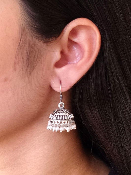 Classic Oxidised Silver Jhumka Earrings with Pearl Drop