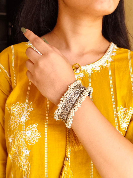 Oxidized Silver Kada with Pearl  Unique Pearl Work - Traditional Indian Bangle Bracelet