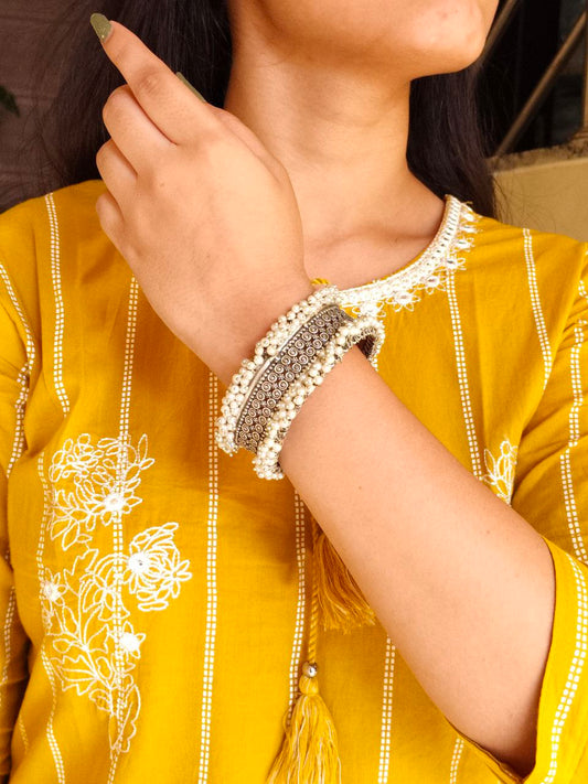 Stunning Oxidized Silver & Pearl Statement Bangle