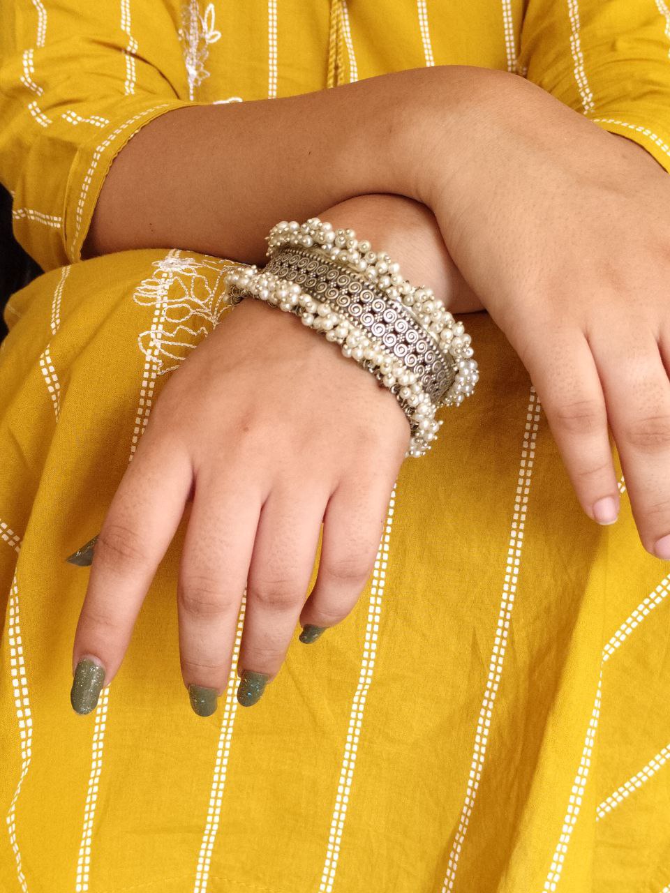 Stunning Oxidized Silver & Pearl Statement Bangle