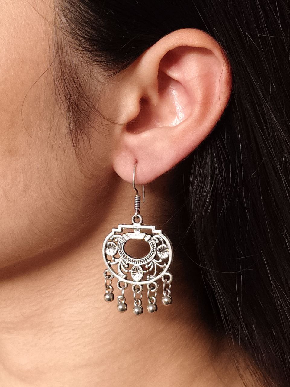 Oxidized Silver Jhoomar Drop Earrings | Crystal & Ghungroo Danglers