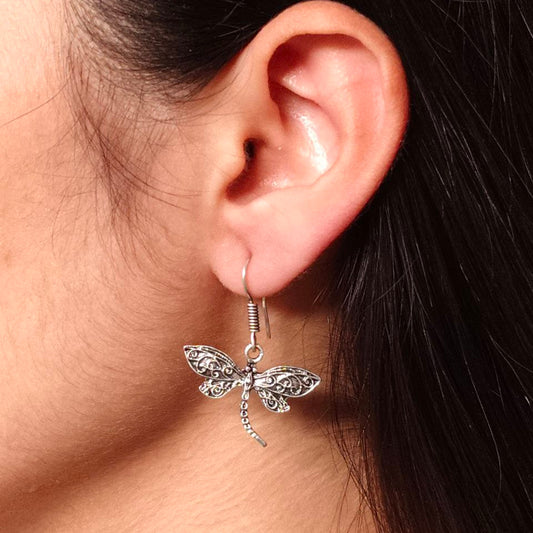 Oxidized Silver Dragonfly Drop Earrings | Boho Filigree Insect Jewelry