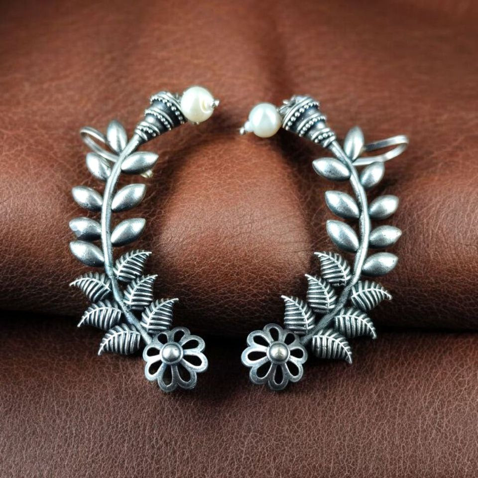 Oxidized Silver Botanical Ear Cuff | Statement Leaf Ear Climber with Pearl