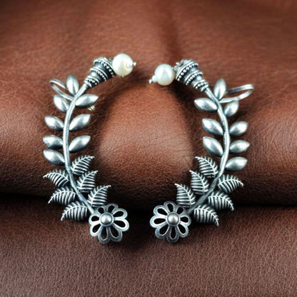 Oxidized Silver Botanical Ear Cuff | Statement Leaf Ear Climber with Pearl