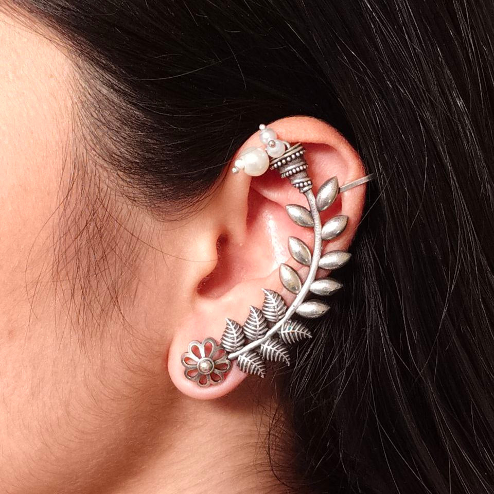 Oxidized Silver Botanical Ear Cuff | Statement Leaf Ear Climber with Pearl