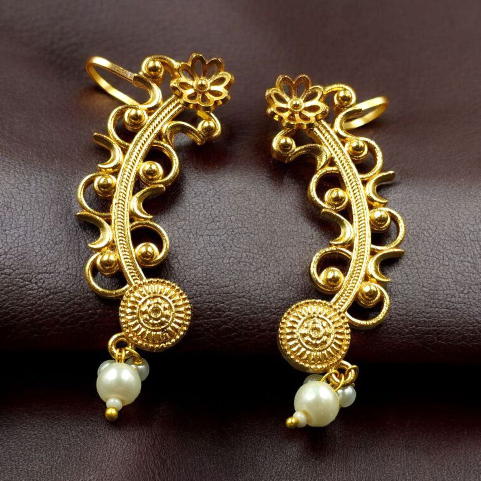 Gold Plated Floral Ear Cuff with Pearl Drops | Statement Ear Climber