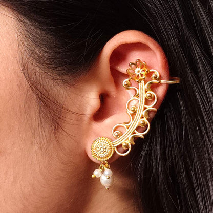 Gold Plated Floral Ear Cuff with Pearl Drops | Statement Ear Climber