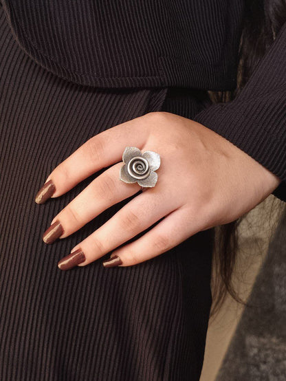 Trendy Adjustable Rose Flower Ring | Oxidized Silver Replica Perfect Jewelry for Girls