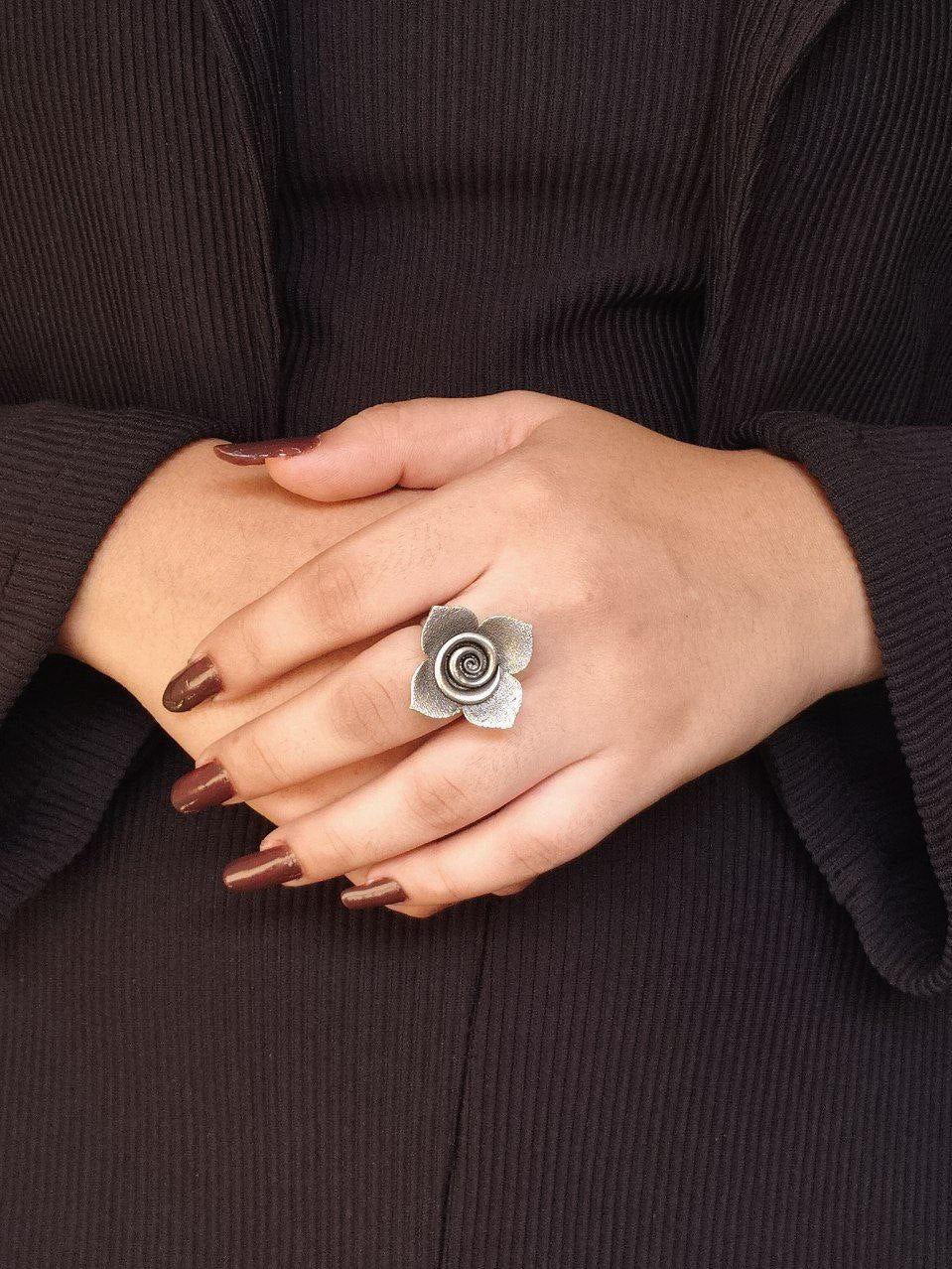 Trendy Adjustable Rose Flower Ring | Oxidized Silver Replica Perfect Jewelry for Girls