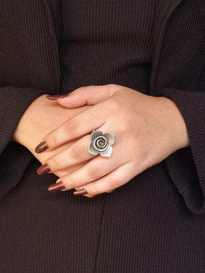 Trendy Adjustable Rose Flower Ring | Oxidized Silver Replica Perfect Jewelry for Girls