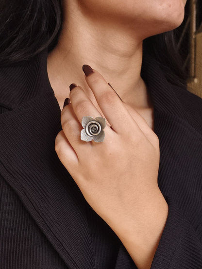 Trendy Adjustable Rose Flower Ring | Oxidized Silver Replica Perfect Jewelry for Girls