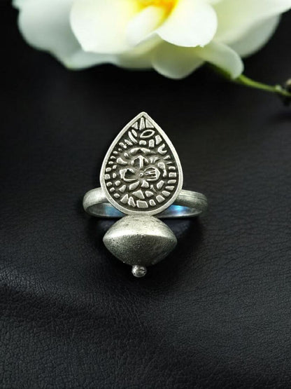 Adjustable Oxidized Silver Statement Ring | Tribal Teardrop & Cone Design
