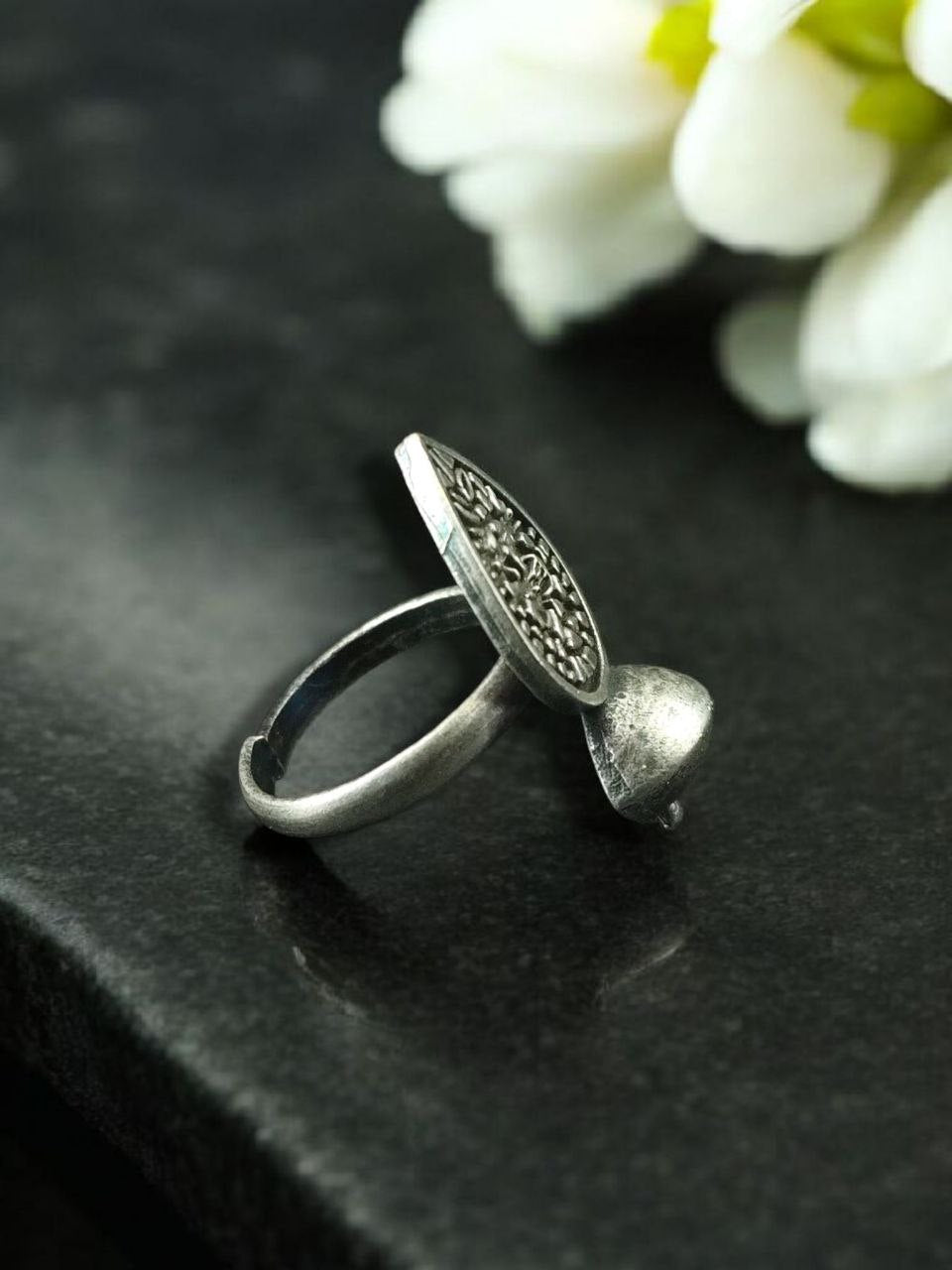 Adjustable Oxidized Silver Statement Ring | Tribal Teardrop & Cone Design