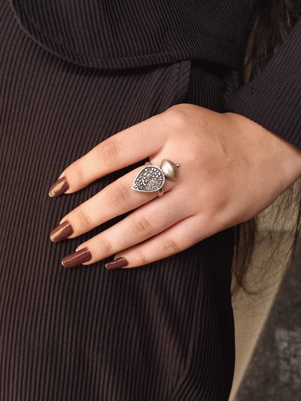 Adjustable Oxidized Silver Statement Ring | Tribal Teardrop & Cone Design