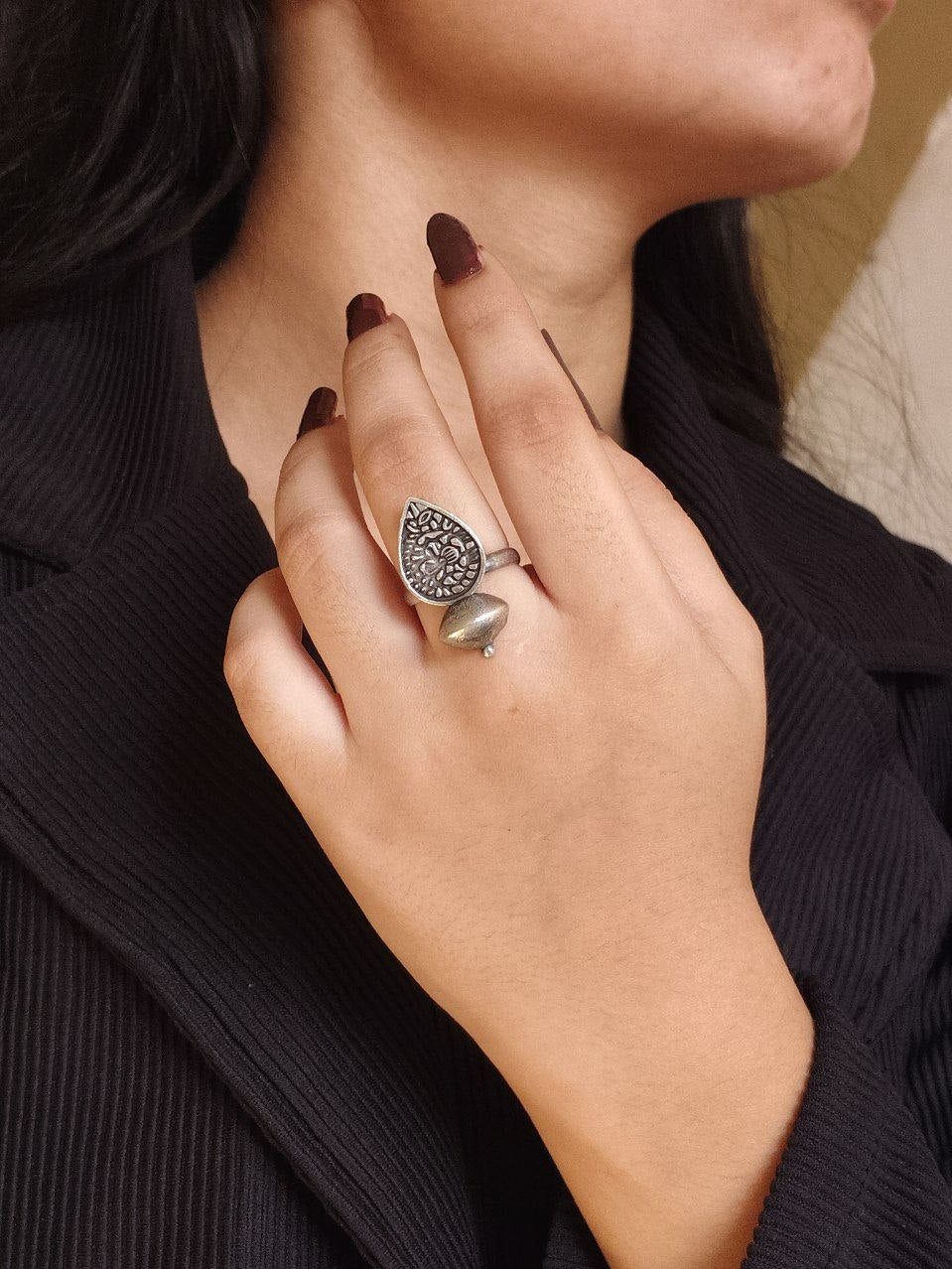 Adjustable Oxidized Silver Statement Ring | Tribal Teardrop & Cone Design