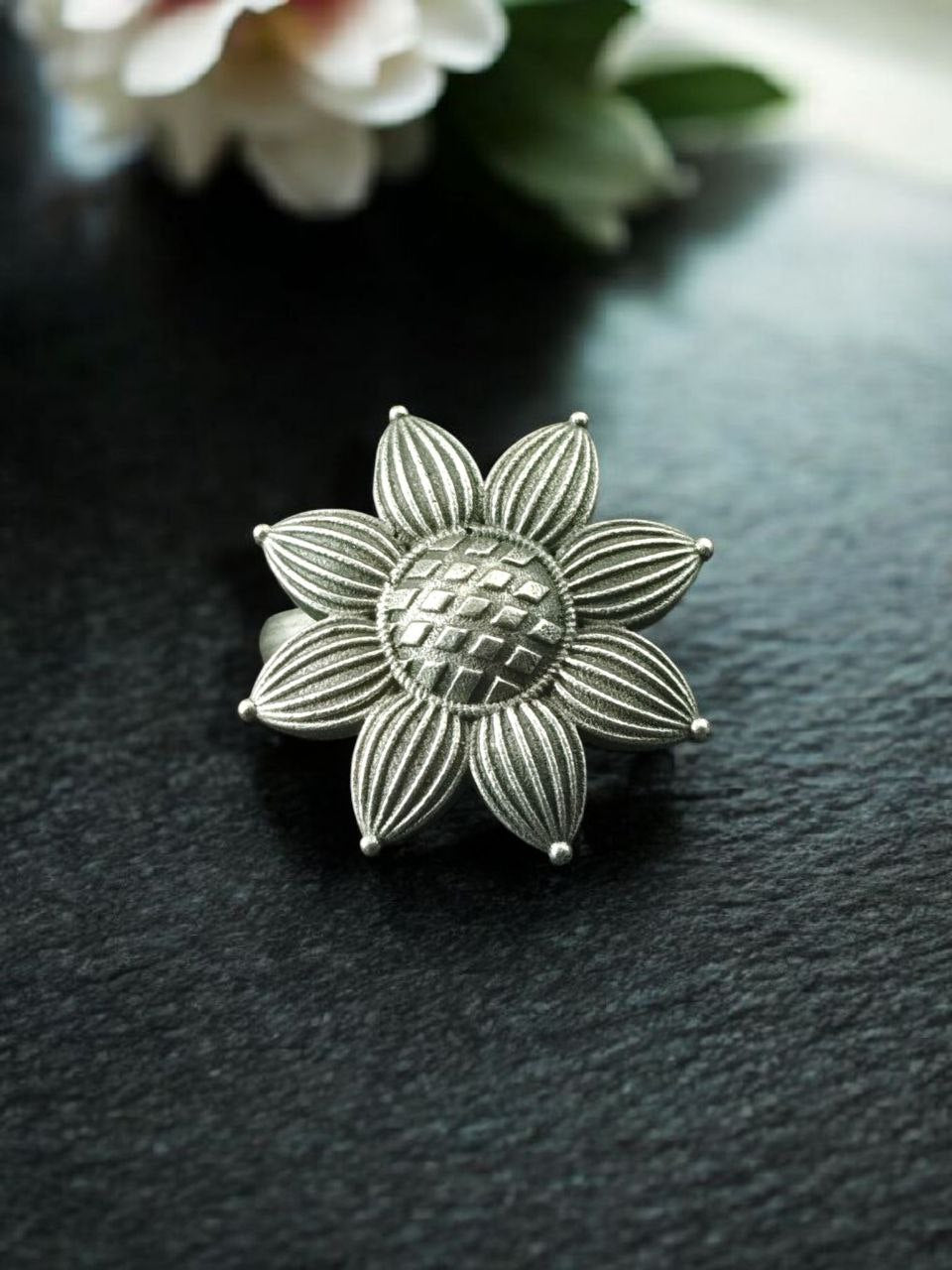 Adjustable Oxidized Silver Flower Ring | Statement Bloom with Center Crystal