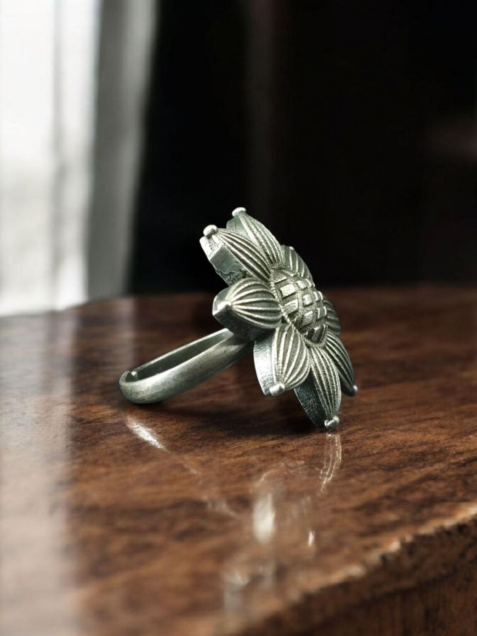 Adjustable Oxidized Silver Flower Ring | Statement Bloom with Center Crystal