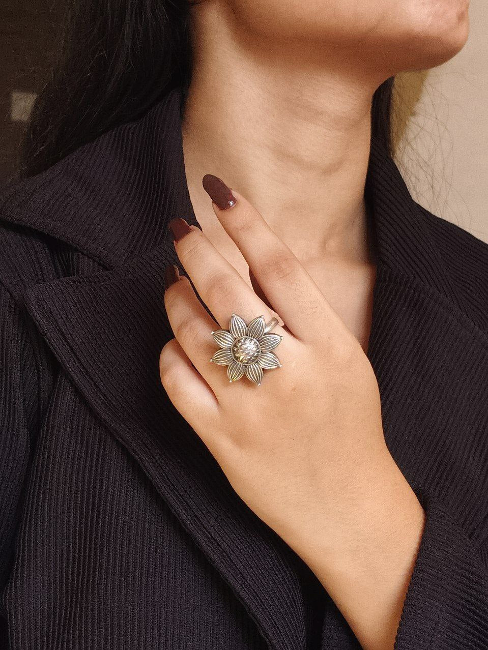 Adjustable Oxidized Silver Flower Ring | Statement Bloom with Center Crystal