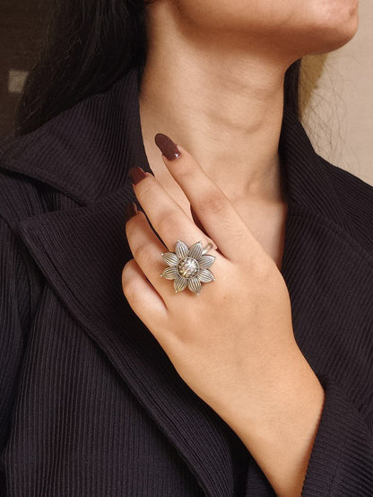 Adjustable Oxidized Silver Flower Ring | Statement Bloom with Center Crystal