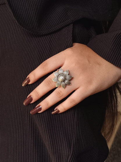 Adjustable Oxidized Silver Flower Ring | Statement Bloom with Center Crystal