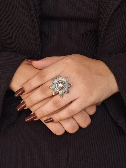 Adjustable Oxidized Silver Flower Ring | Statement Bloom with Center Crystal