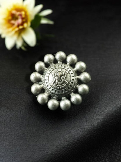 Adjustable Oxidized Silver Sunburst Ring | Deity Coin Statement Ring