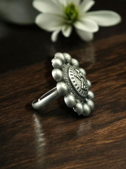 Adjustable Oxidized Silver Sunburst Ring | Deity Coin Statement Ring