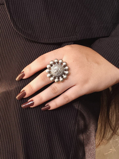 Adjustable Oxidized Silver Sunburst Ring | Deity Coin Statement Ring