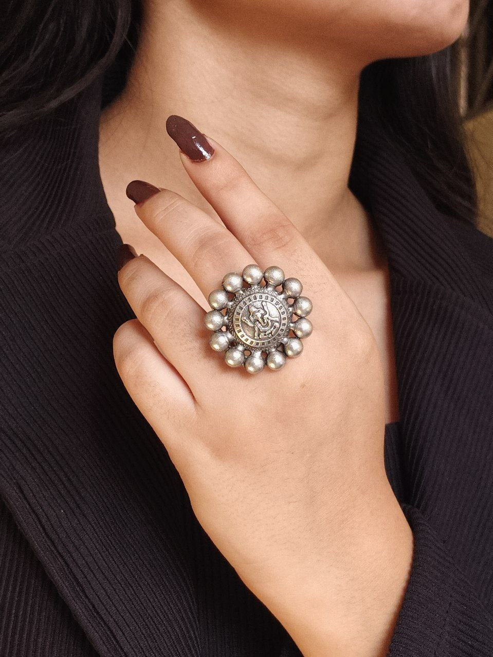 Adjustable Oxidized Silver Sunburst Ring | Deity Coin Statement Ring