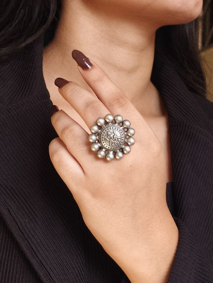 Adjustable Oxidized Silver Sunburst Ring | Deity Coin Statement Ring