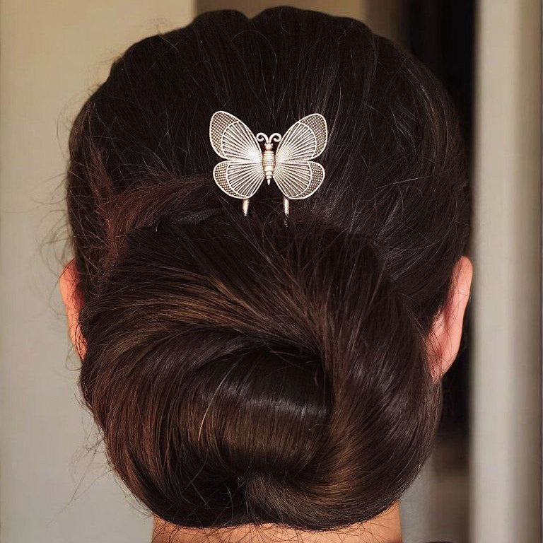 Silver Butterfly Juda Pin | Intricate Filigree Bun Hair Accessory