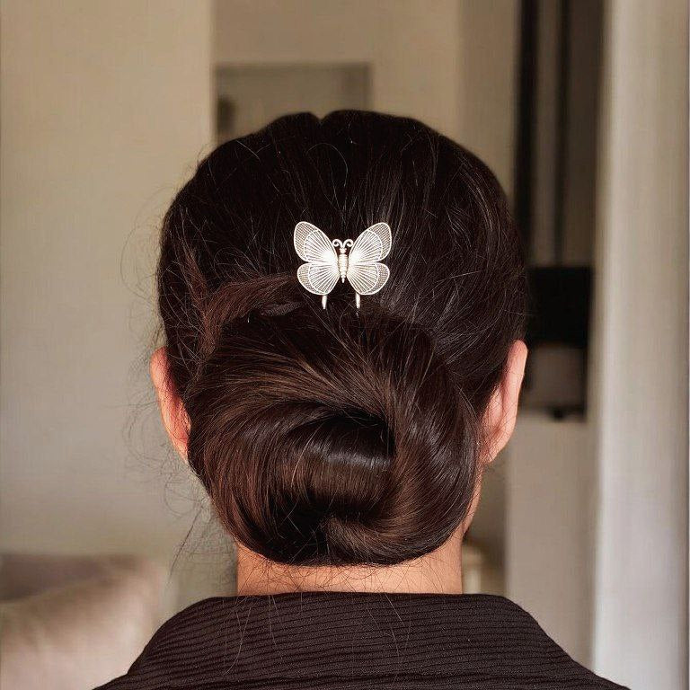 Silver Butterfly Juda Pin | Intricate Filigree Bun Hair Accessory