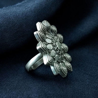 Adjustable Oxidized Silver Floral Statement Ring