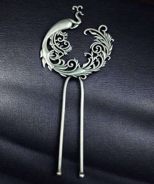 Oxidized Silver Peacock Hair Pin | Ethnic Bridal U-Shape Hair Stick