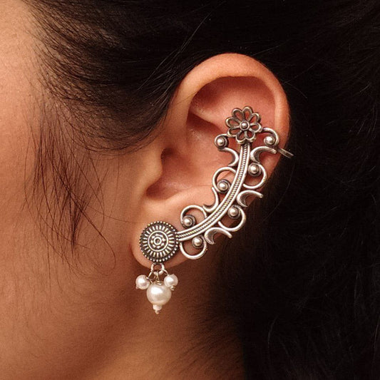 Oxidized Silver Floral Vine Ear Climber Earrings with Pearl Drop