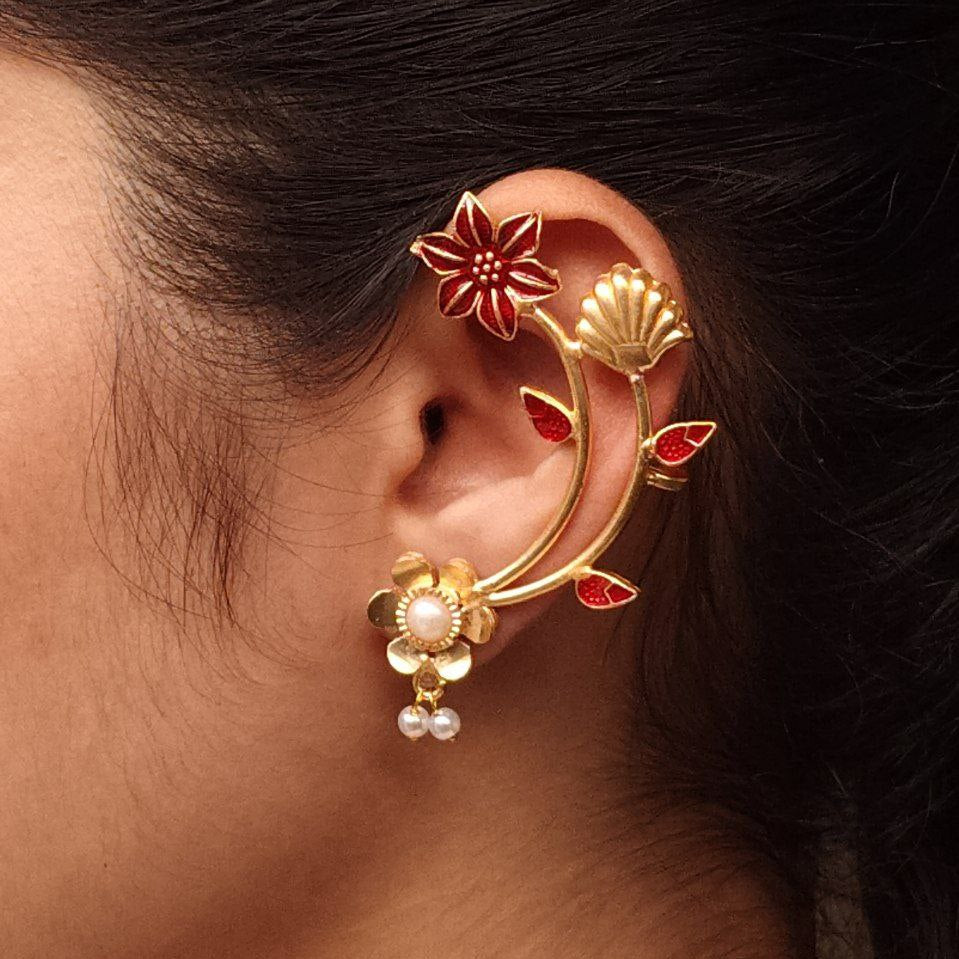 Grand Gold Toned Floral Ear Cuffs (Pair) with Pearl Accents