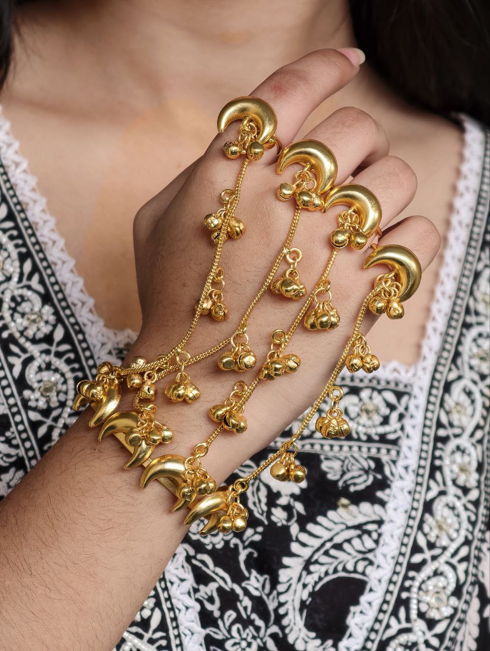 Gold Plated Crescent Moon Kashmiri Hathphool | Traditional Hand Harness with Adjustable Rings