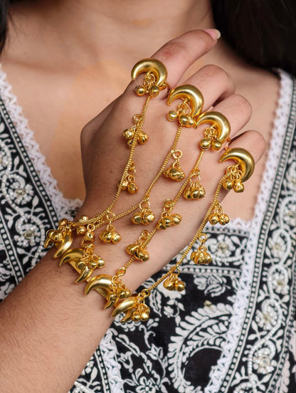Gold Plated Crescent Moon Kashmiri Hathphool | Traditional Hand Harness with Adjustable Rings