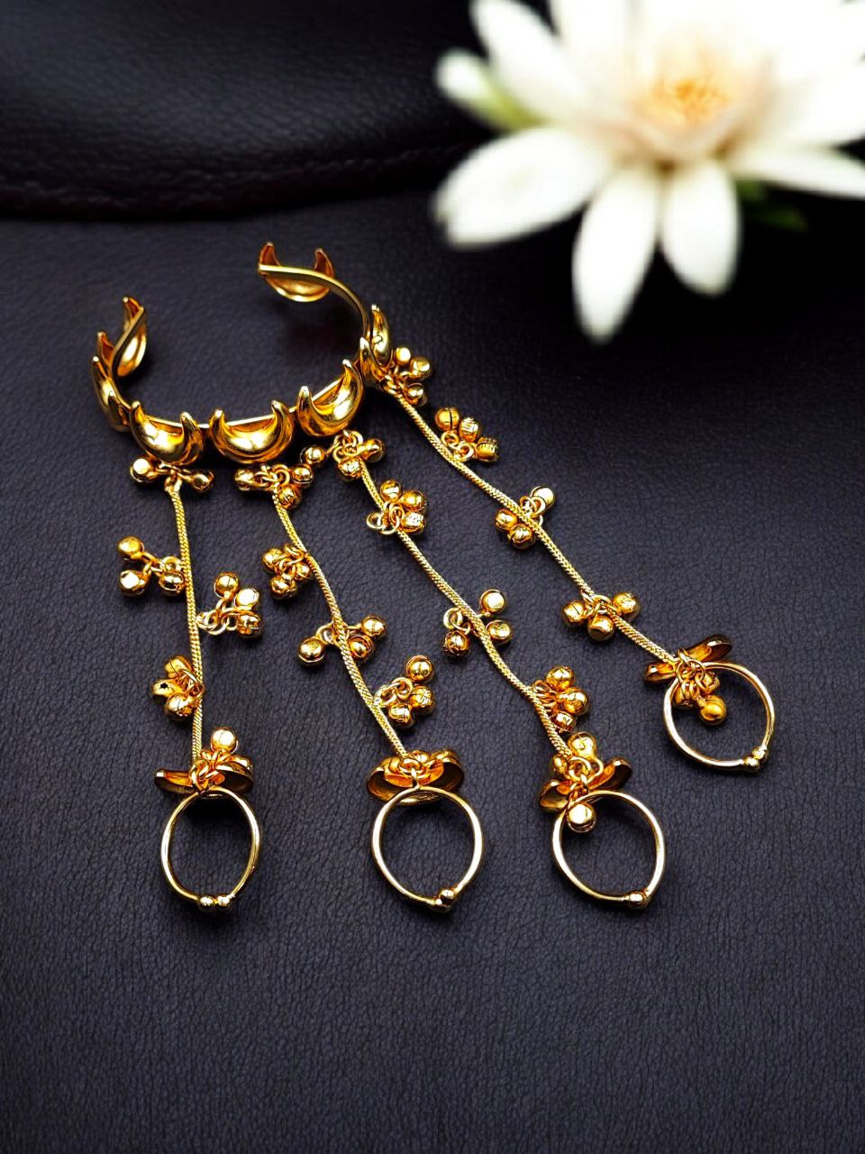 Gold Plated Crescent Moon Kashmiri Hathphool | Traditional Hand Harness with Adjustable Rings