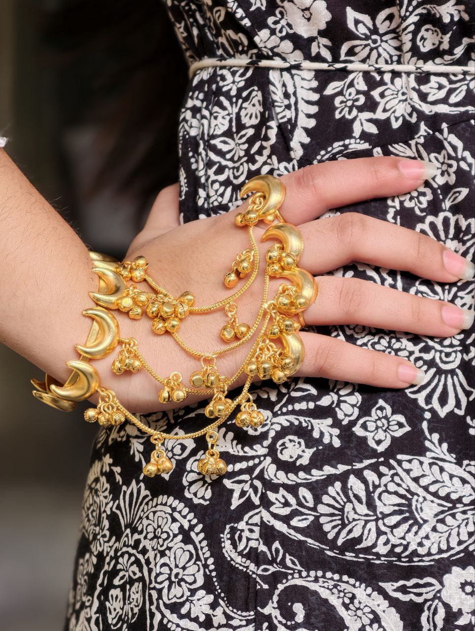 Gold Plated Crescent Moon Kashmiri Hathphool | Traditional Hand Harness with Adjustable Rings
